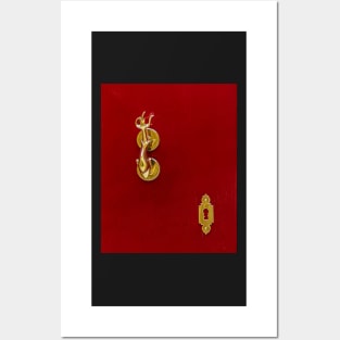 Red wooden door with golden vintage knocker Posters and Art